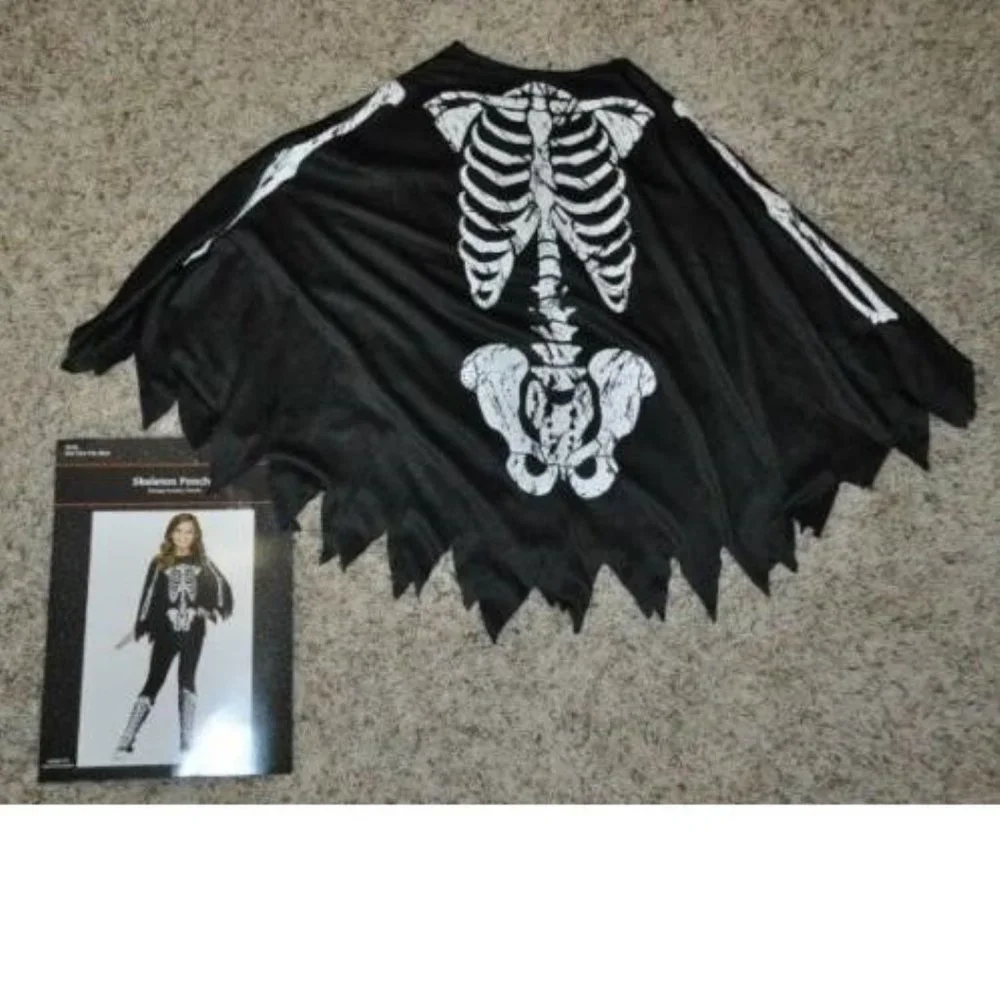 Skeleton Poncho & Makeup Halloween Costume Black White 2 Pc Set Girls One Size